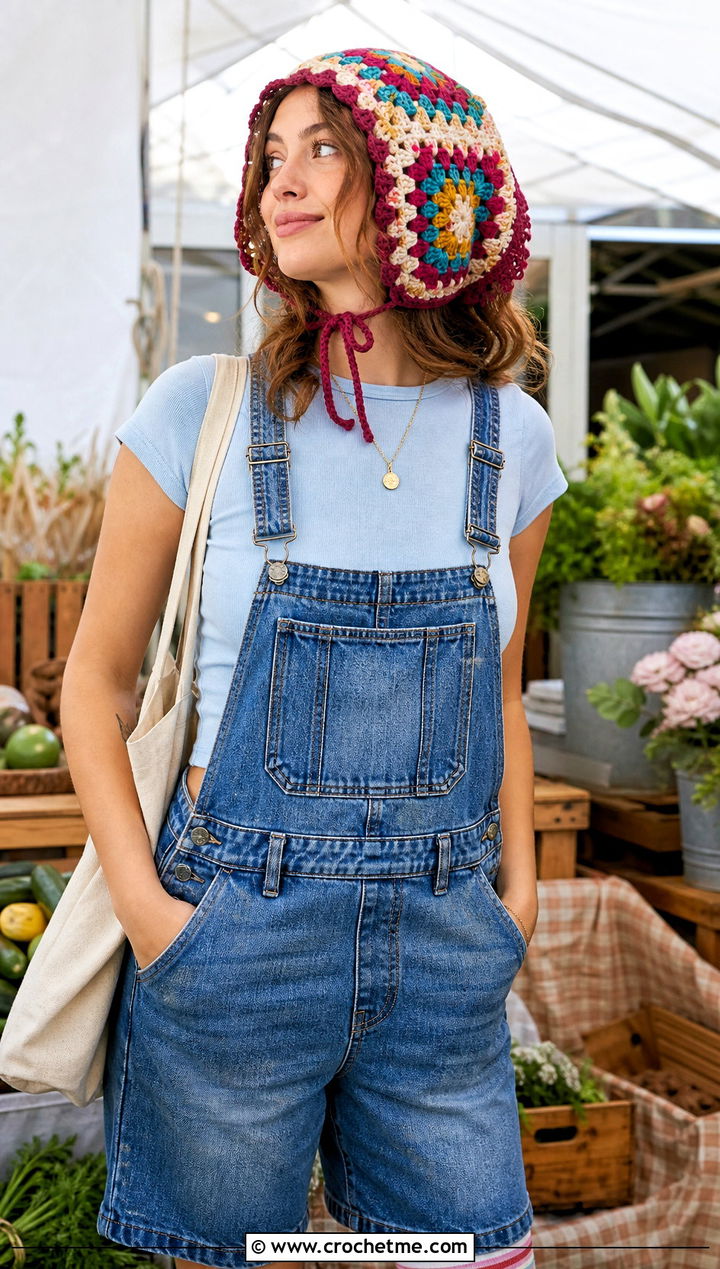Granny Square Crochet Bonnet With Overalls - 25 Easy Crochet Bonnet outfit ideas