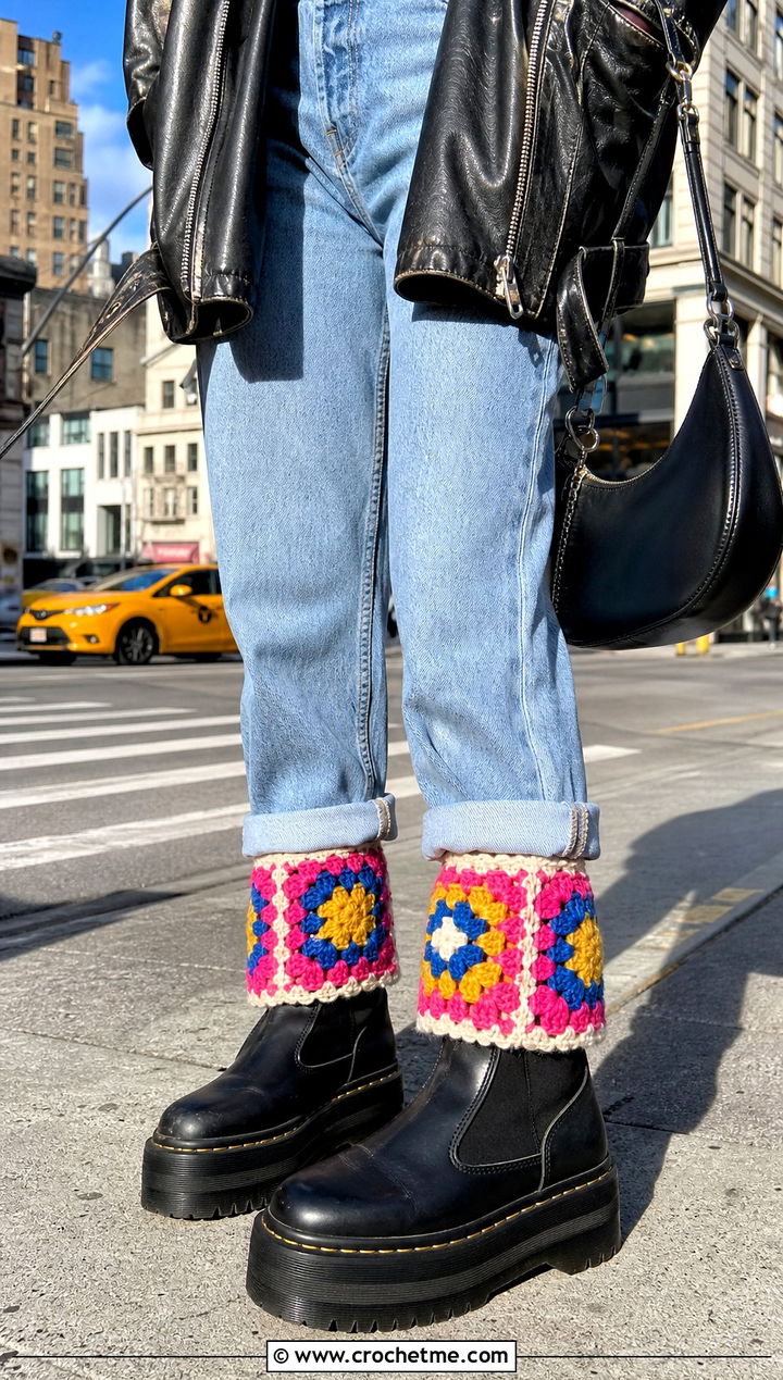 Granny Square Crochet Boot Cuffs With Mom Jeans and Platform Boots - 30 crochet boot cuff outfit ideas