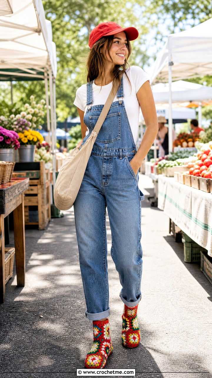 Granny Square Crochet Booties With Denim Overalls - 35 crochet booties outfit ideas