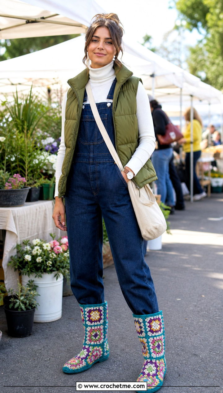 Granny Square Crochet Boots With Denim Overalls - 15 ugg style crochet boots outfit ideas