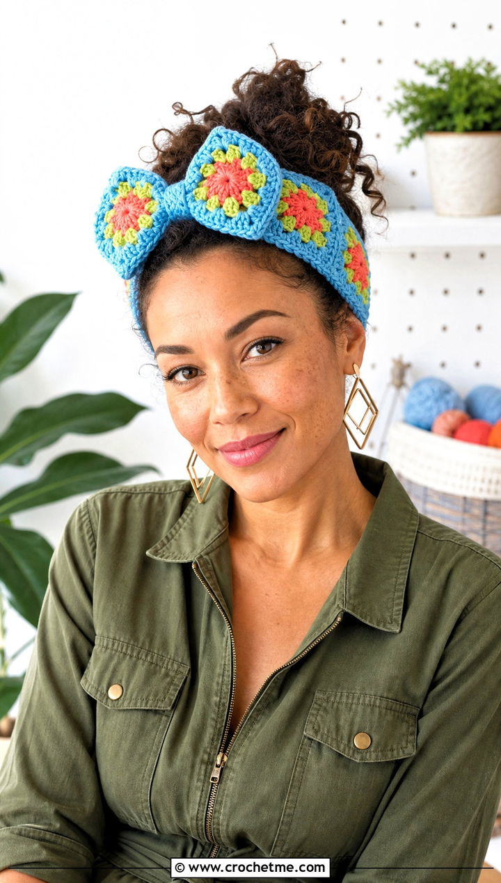 Granny Square Crochet Bow Headband With Utility Jumpsuit - 30 crochet headband with bow outfit ideas
