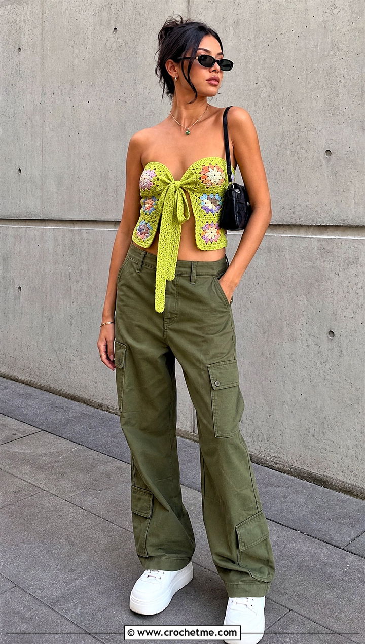Granny Square Crochet Bow Top With Cargo Pants - 25 crochet bow top outfit ideas
