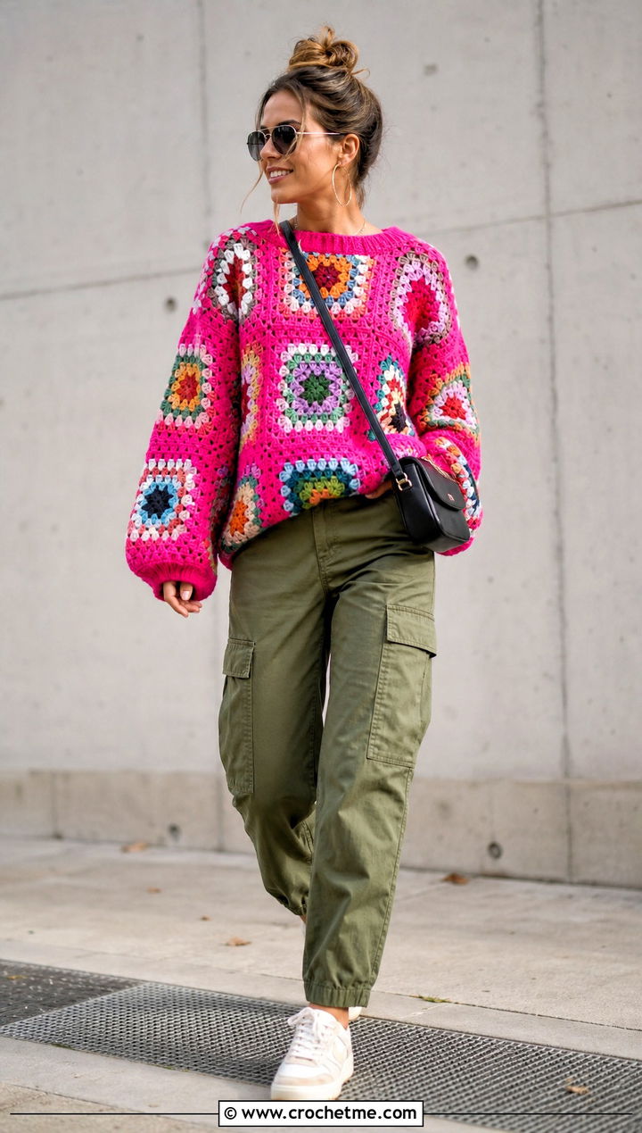 Granny Square Crochet Boxy Sweater With Cargo Pants - 25 Crochet Boxy Sweater outfit ideas