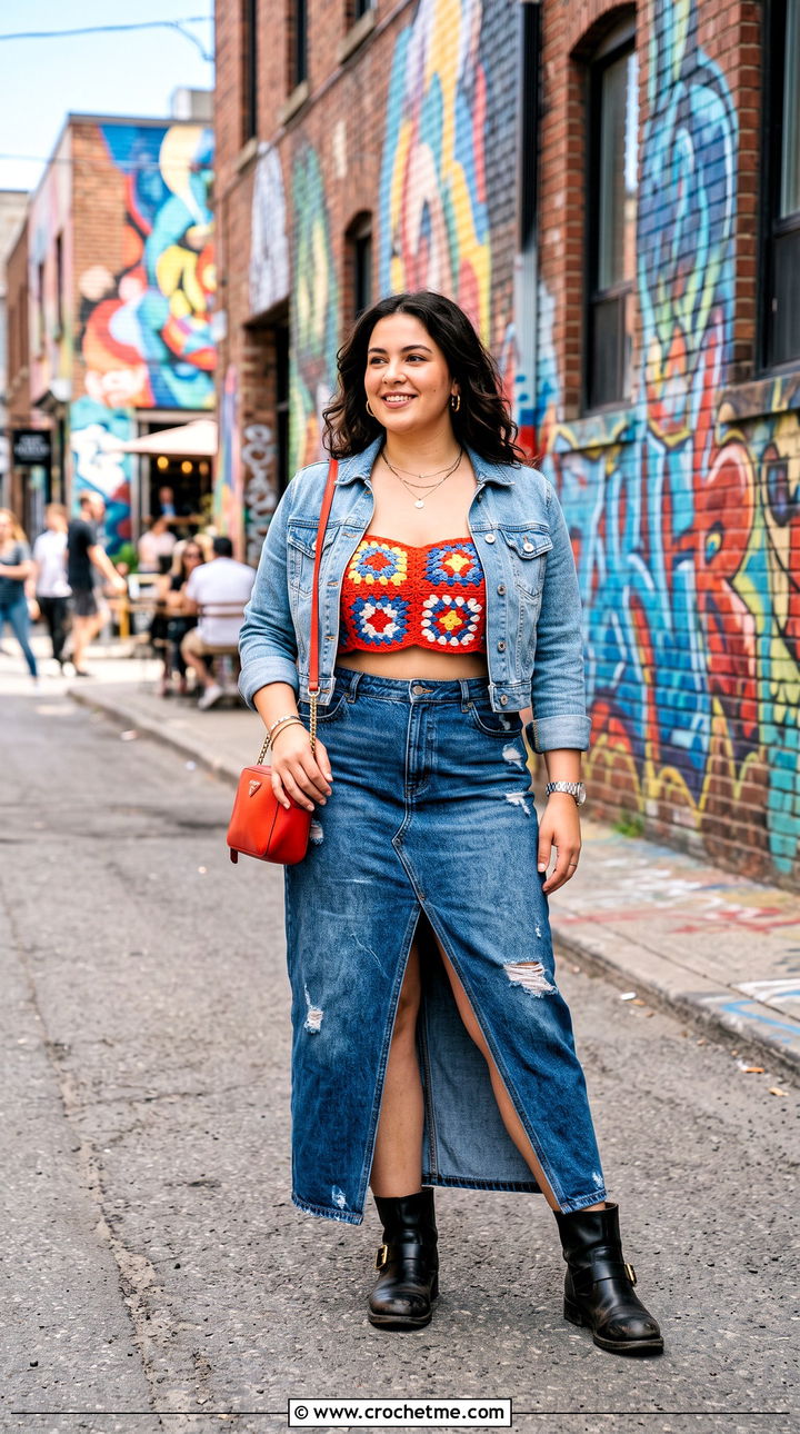 Granny Square Crochet Bra With Denim Maxi Skirt - 35 crochet bra outfit ideas