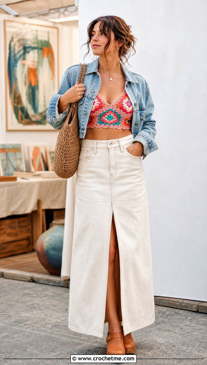 Granny Square Crochet Bralette With Denim Maxi Skirt - 15 boho crochet bralette outfit ideas