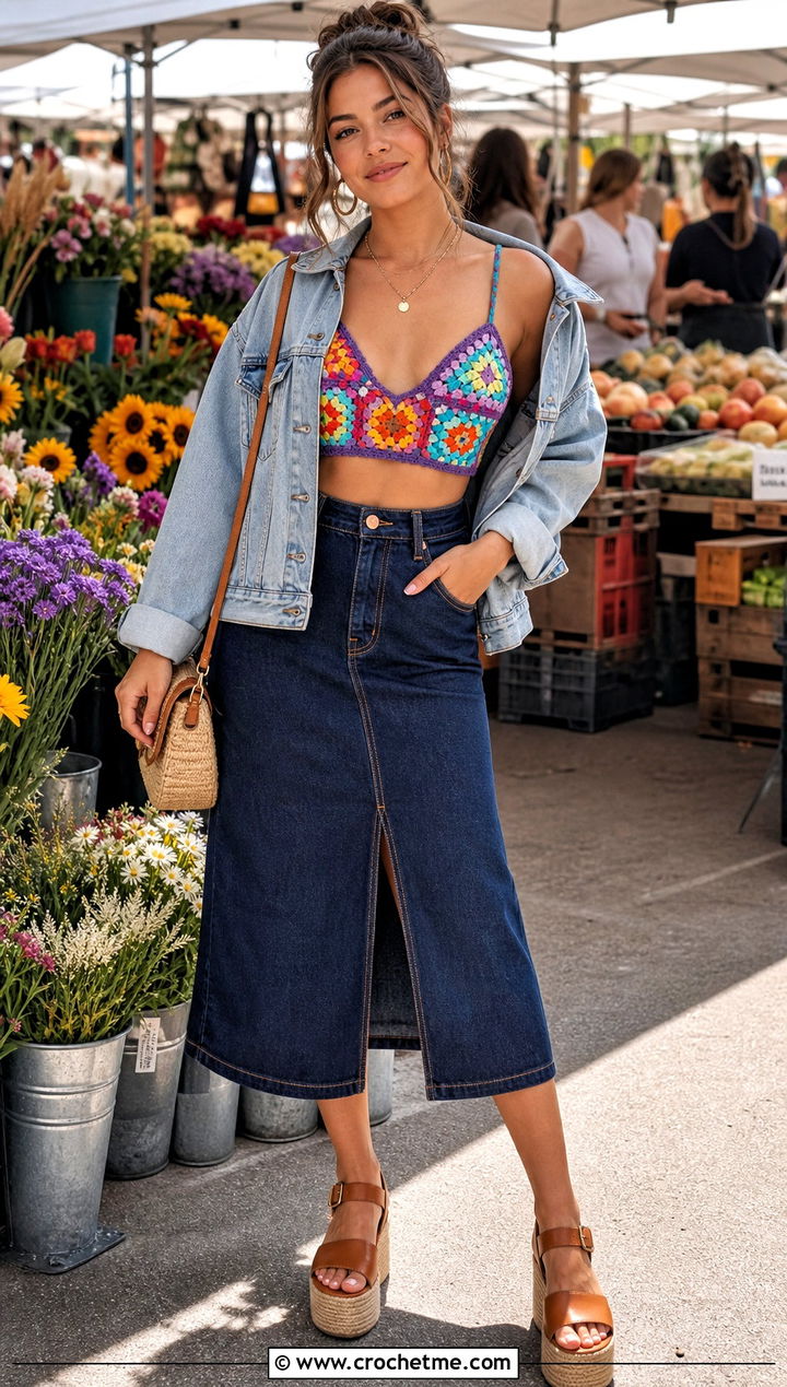 Granny Square Crochet Bralette With Denim Midi Skirt - 15 simple crochet bralette outfit ideas