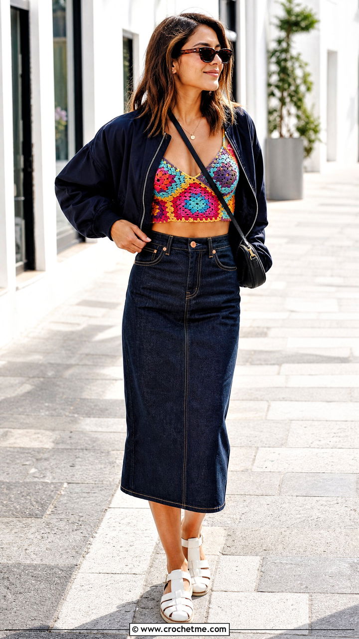 Granny Square Crochet Bralette With Denim Midi Skirt - 35 crochet bralette outfit ideas