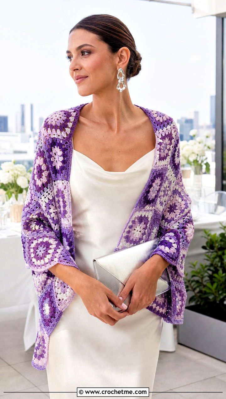 Granny Square Crochet Bridal Shawl With Slip Dress - 25 Crochet Bridal Shawl outfit ideas