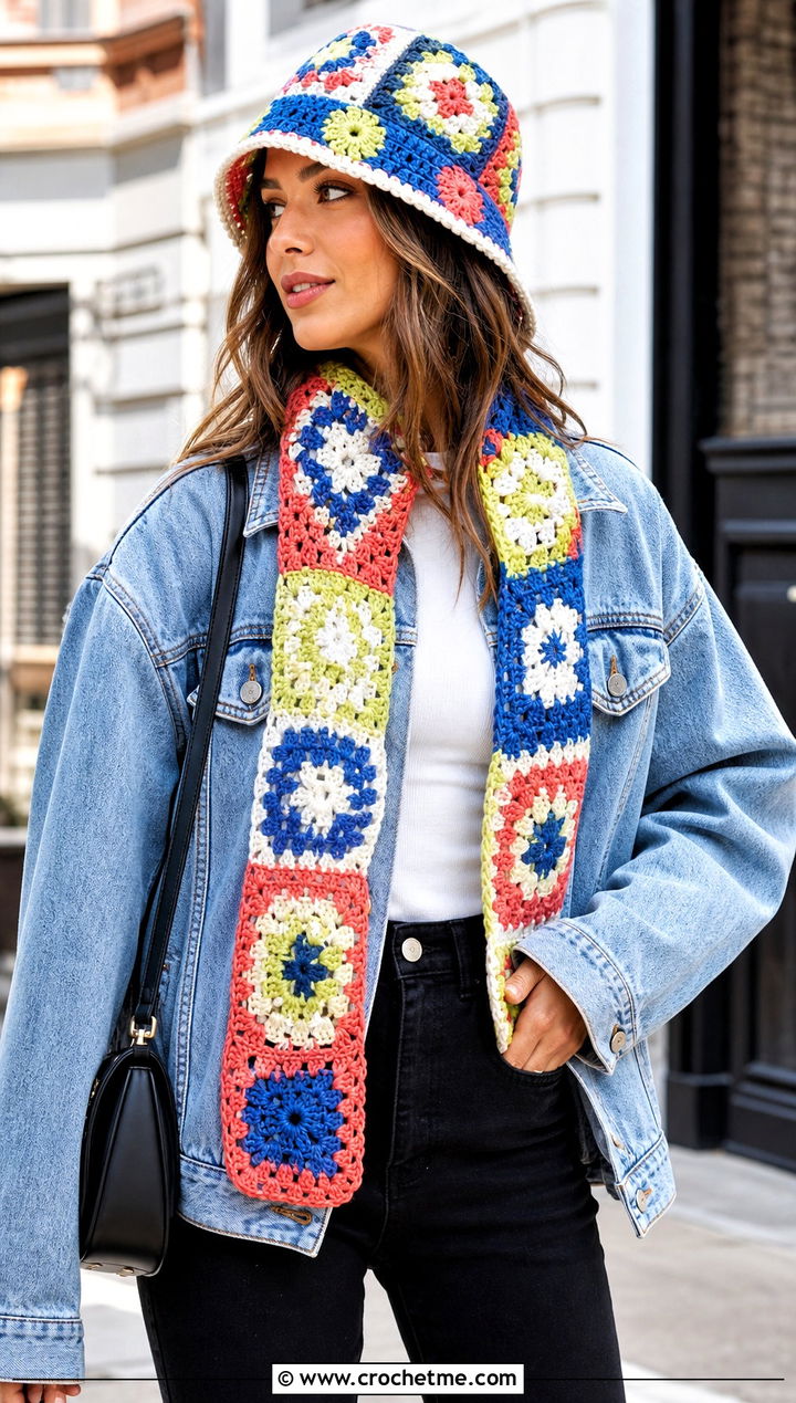 Granny Square Crochet Bucket Hat And Scarf With Denim Jacket - 25 crochet hat scarf outfit ideas