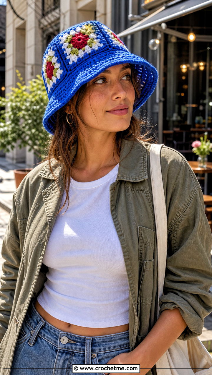 Granny Square Crochet Bucket Hat With Barrel Jeans - 15 Country Cottage Crochet Hat outfit ideas