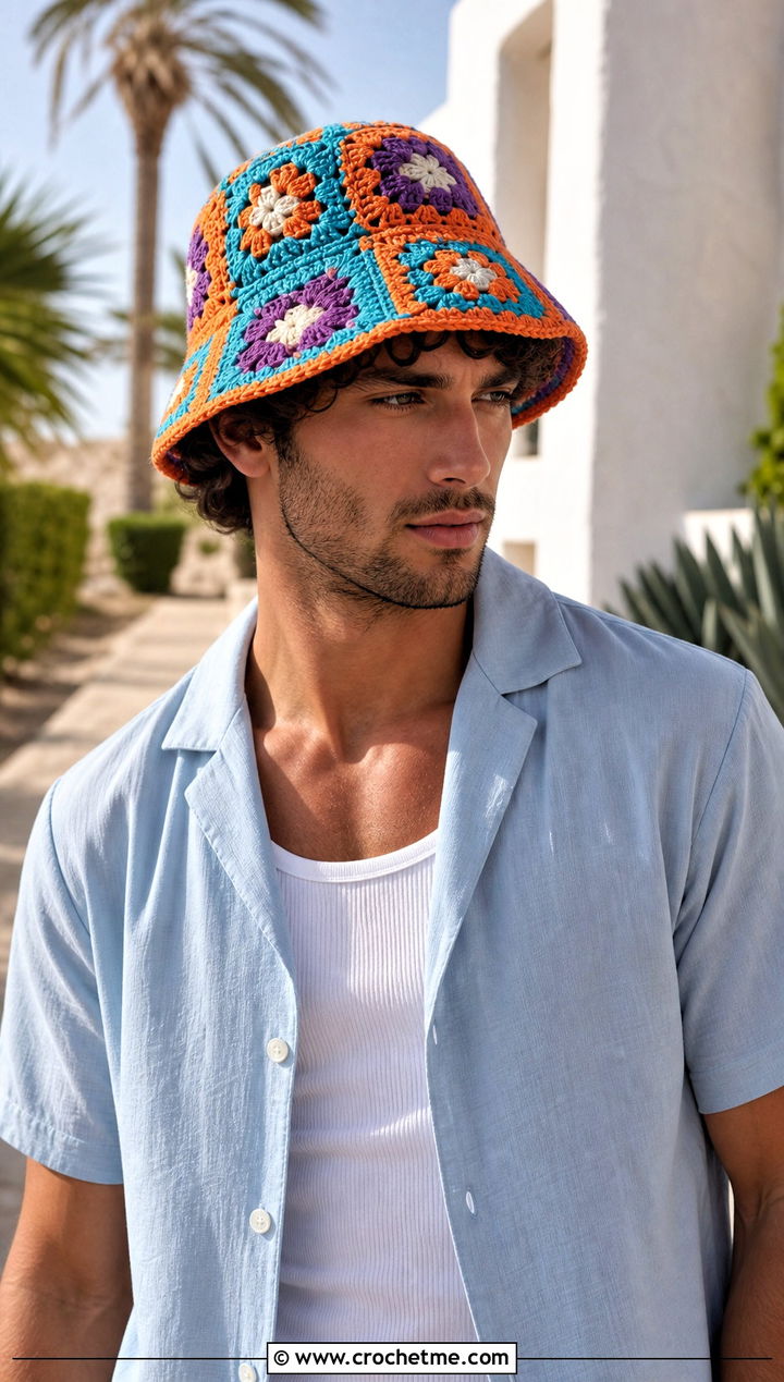 Granny Square Crochet Bucket Hat With Camp Shirt - 25 crocheted mens hats outfit ideas