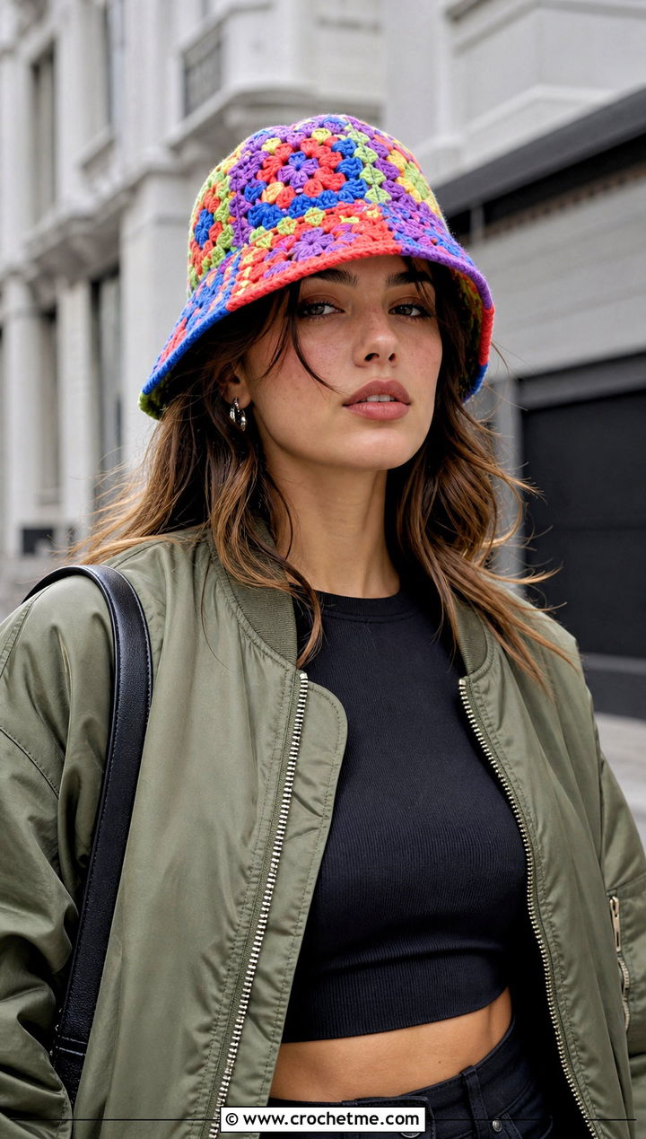 Granny Square Crochet Bucket Hat With Cargo Pants - 15 Modern Crochet Hat outfit ideas