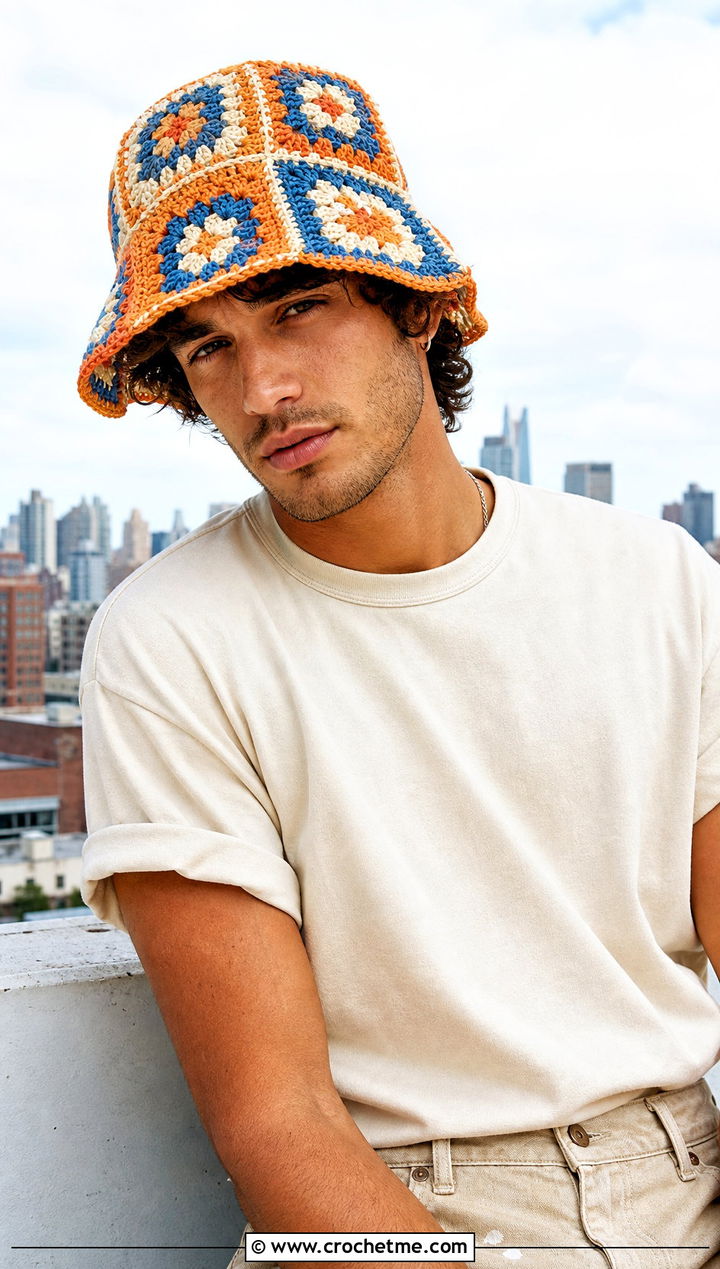 Granny Square Crochet Bucket Hat With Carpenter Pants - 30 men crochet hat outfit ideas