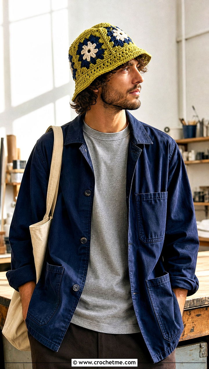 Granny Square Crochet Bucket Hat With Chore Jacket And Carpenter Pants - 15 men's crochet bucket hat outfit ideas