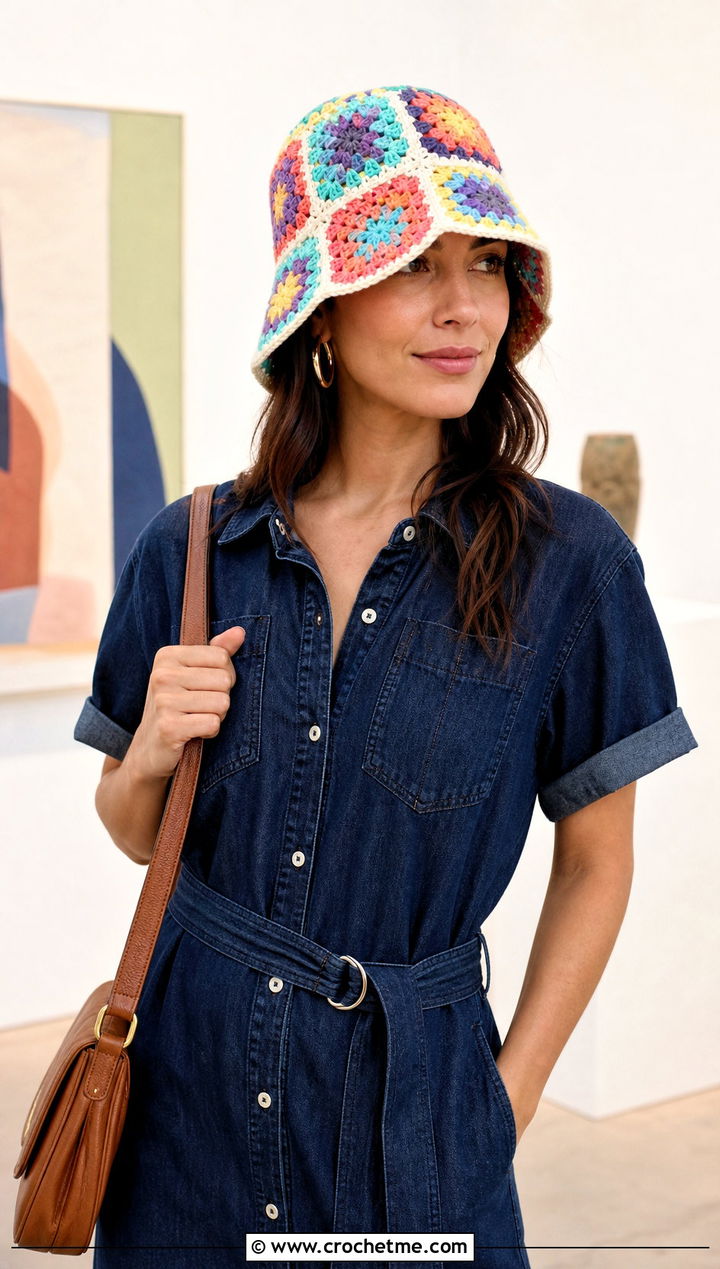 Granny Square Crochet Bucket Hat With Denim Dress - 25 Easy Crochet Hats For Beginners outfit ideas