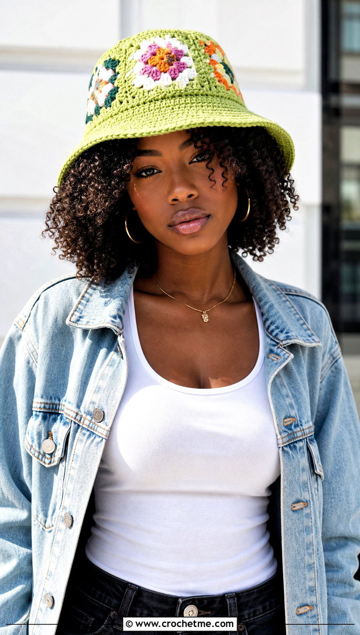 Granny Square Crochet Bucket Hat With Denim Jacket - 30 crochet hats black women outfit ideas