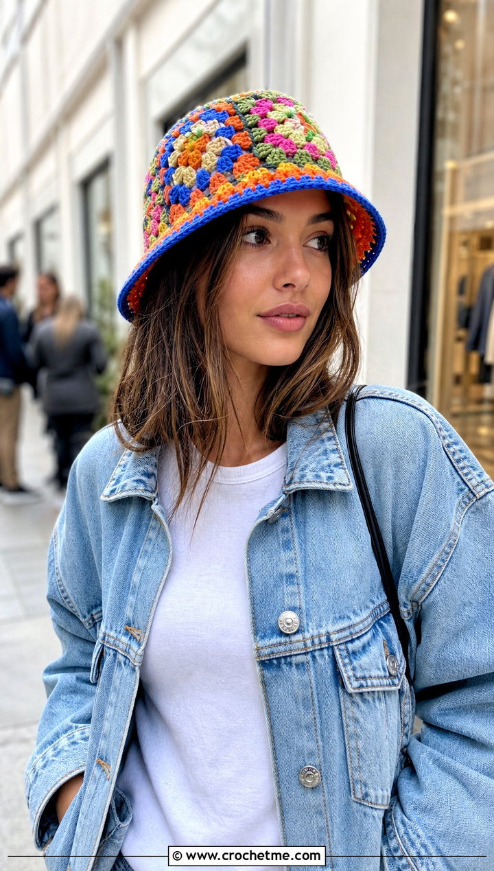 Granny Square Crochet Bucket Hat With Denim Jacket - 35 cute crochet hat outfit ideas