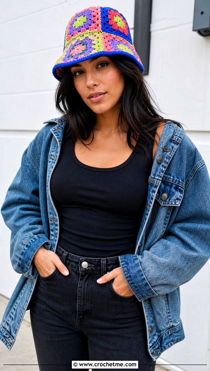 Granny Square Crochet Bucket Hat With Denim Jacket - 35 women crochet hat outfit ideas
