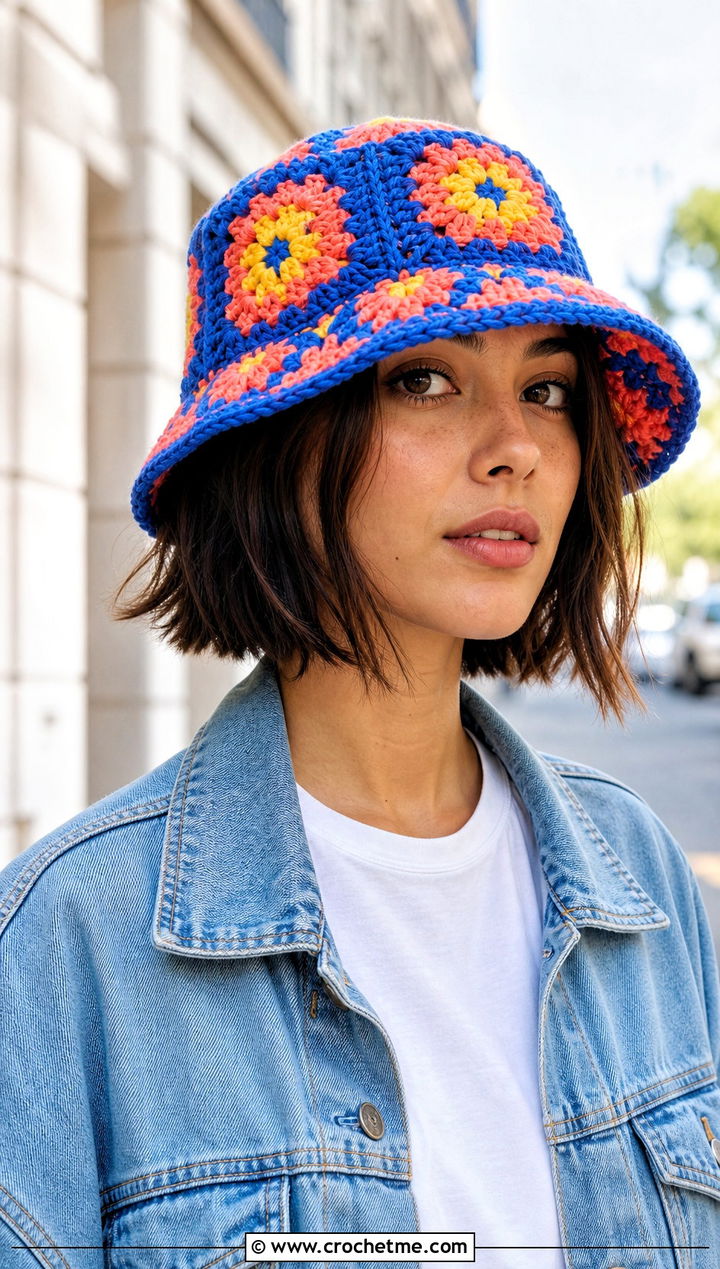 Granny Square Crochet Bucket Hat With Denim Jacket - 25 Crochet Bucket Hat Design Ideas
