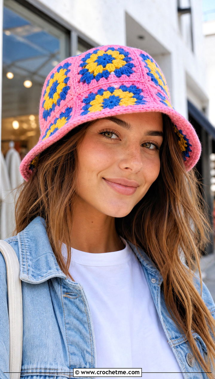 Granny Square Crochet Bucket Hat With Denim Jacket - 25 Crochet Bucket Hat For Women outfit ideas