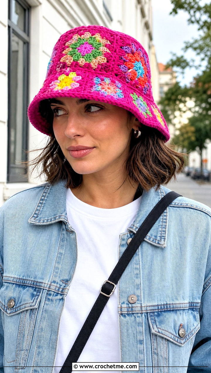 Granny Square Crochet Bucket Hat With Denim Jacket - 25 crochet bucket hat ideas