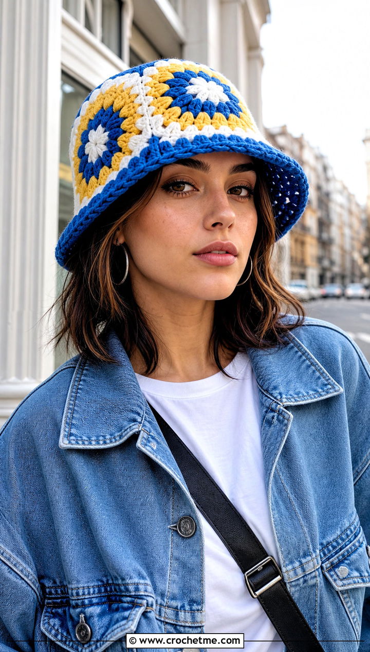 Granny Square Crochet Bucket Hat With Denim Jacket - 25 Crochet Cute Bucket Hat outfit ideas