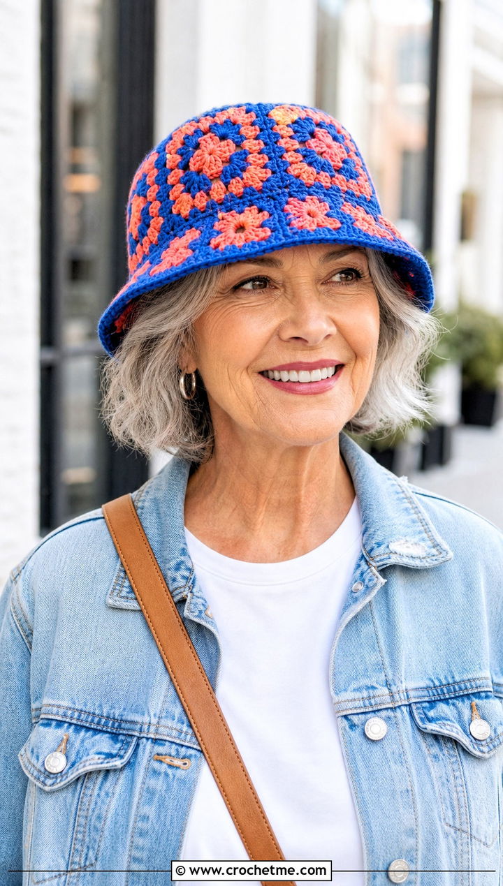 Granny Square Crochet Bucket Hat With Denim Jacket - 25 Crochet Hat For Grandma outfit ideas