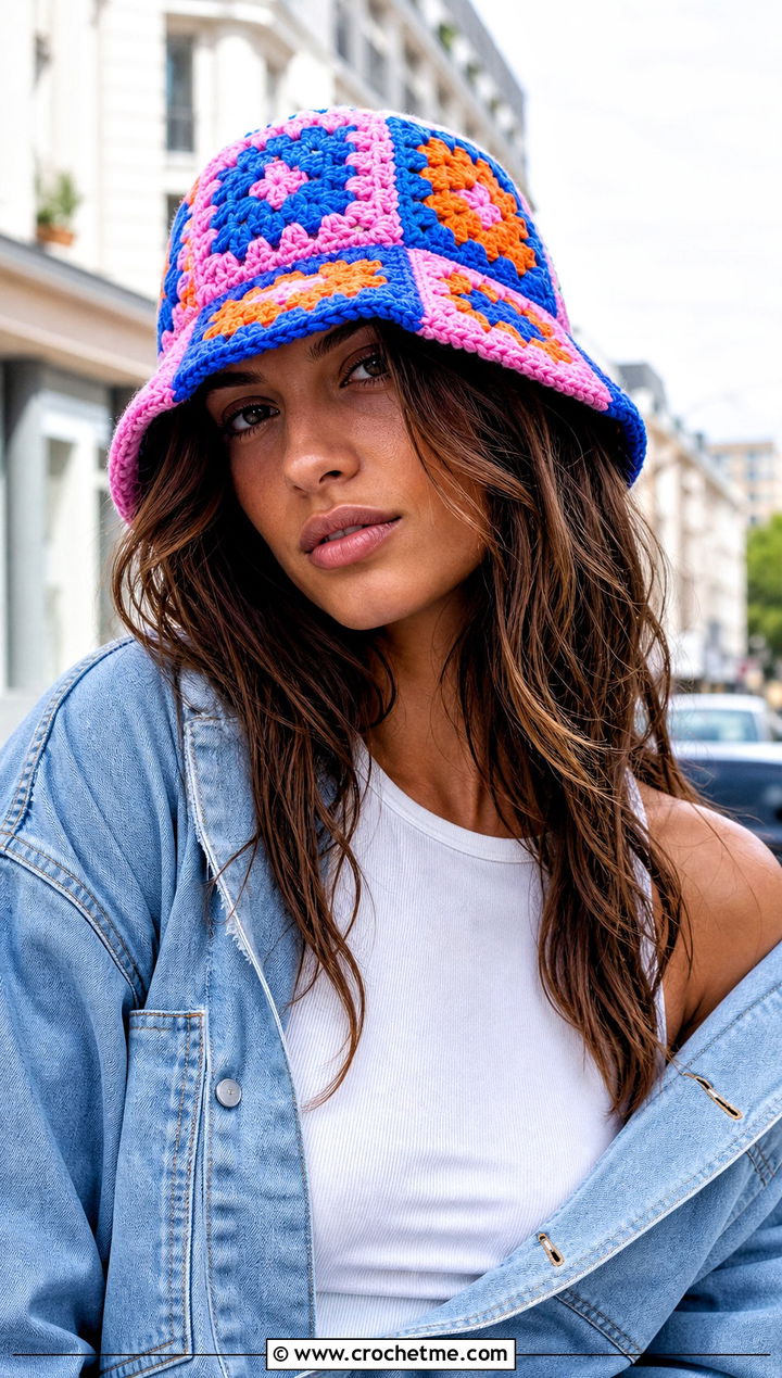 Granny Square Crochet Bucket Hat With Denim Jacket - 25 crocheting bucket hat outfit ideas