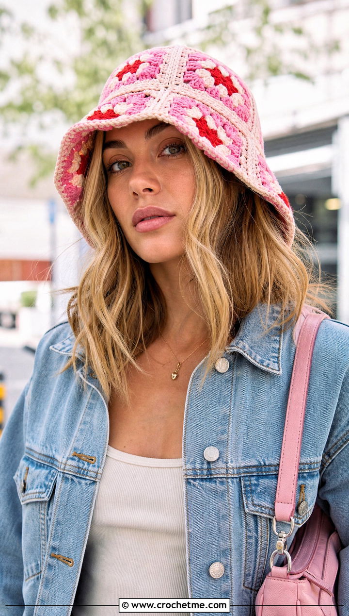 Granny Square Crochet Bucket Hat With Denim Jacket - 25 Easy Crochet Bucket Hats outfit ideas