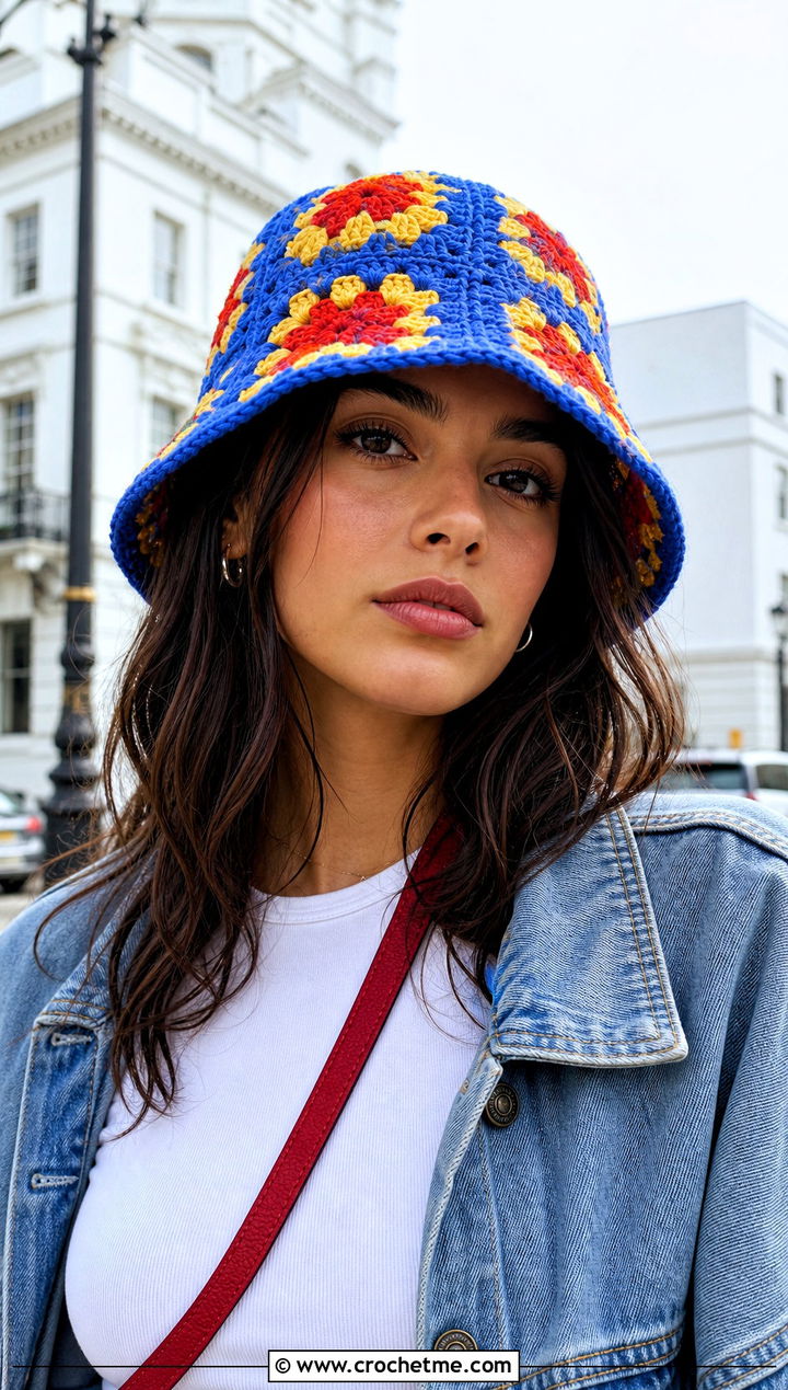 Granny Square Crochet Bucket Hat With Denim Jacket - 25 fast crochet hat outfit ideas
