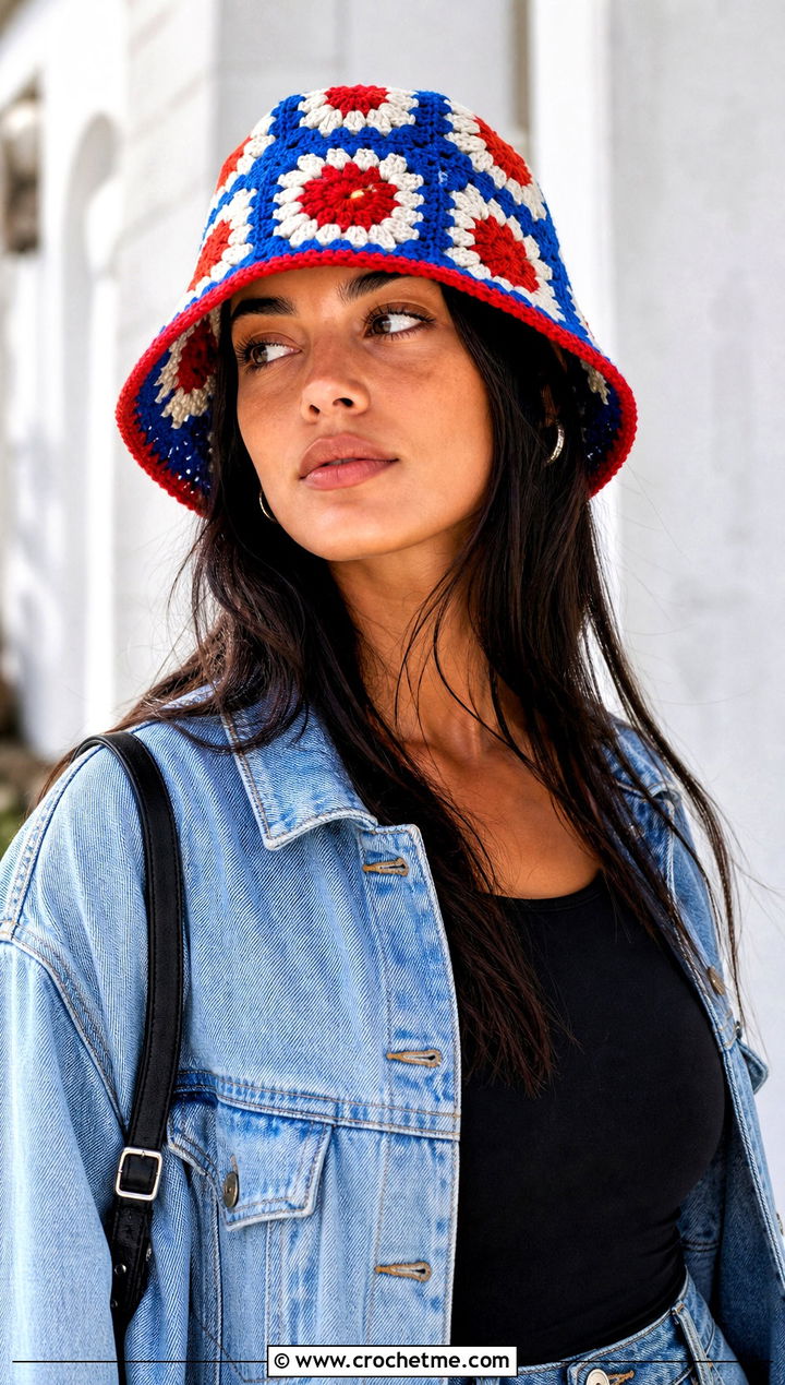 Granny Square Crochet Bucket Hat With Denim Jacket - 30 easy crochet bucket hat outfit ideas