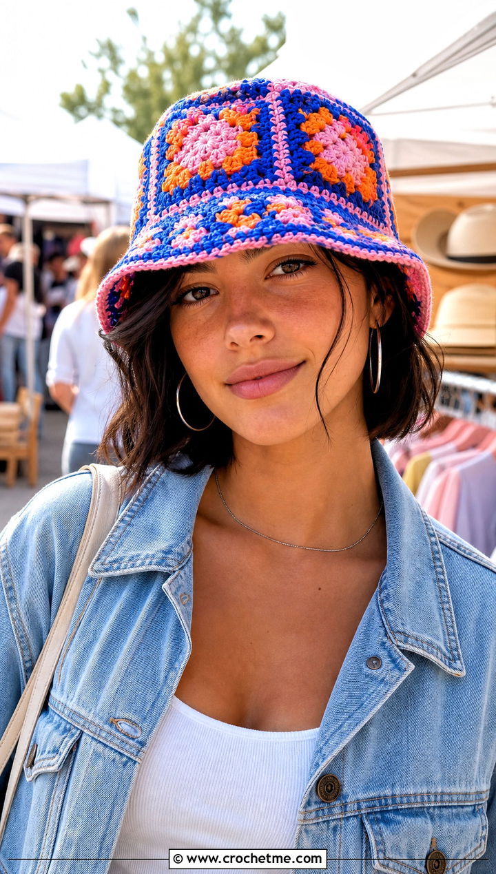 Granny Square Crochet Bucket Hat With Denim Jacket - 15 Easy Crochet Hats For Women outfit ideas