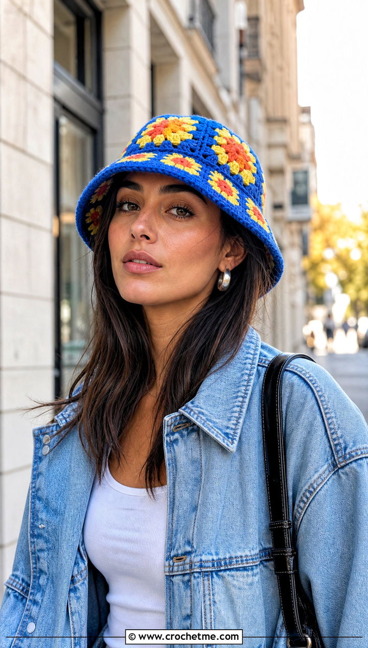 Granny Square Crochet Bucket Hat With Denim Jacket - 15 Fun Crochet Hats For Adults outfit ideas