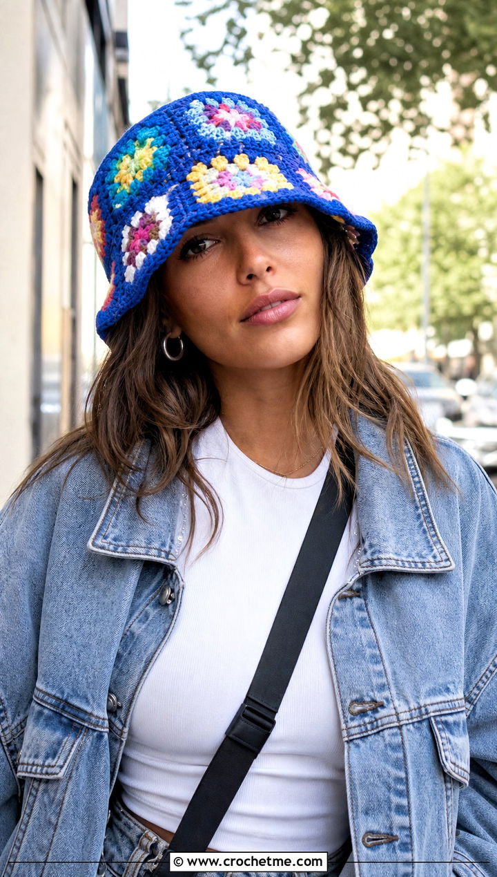 Granny Square Crochet Bucket Hat With Denim Jacket - 15 Ladies Crochet Hat outfit ideas