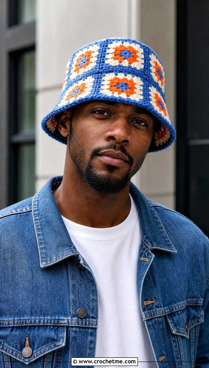 Granny Square Crochet Bucket Hat With Denim Jacket - 15 mens crochet bucket hat outfit ideas