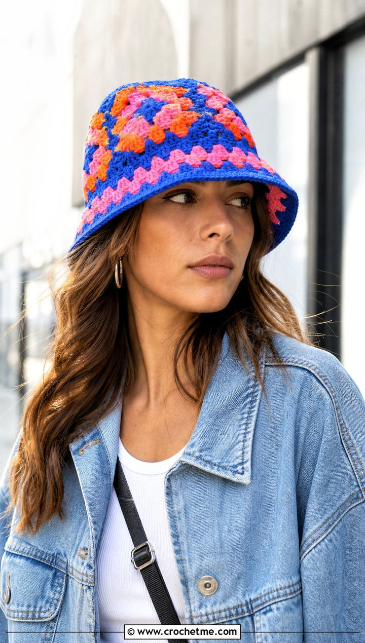 Granny Square Crochet Bucket Hat With Denim Jacket - 20 Best Crochet Hat outfit ideas