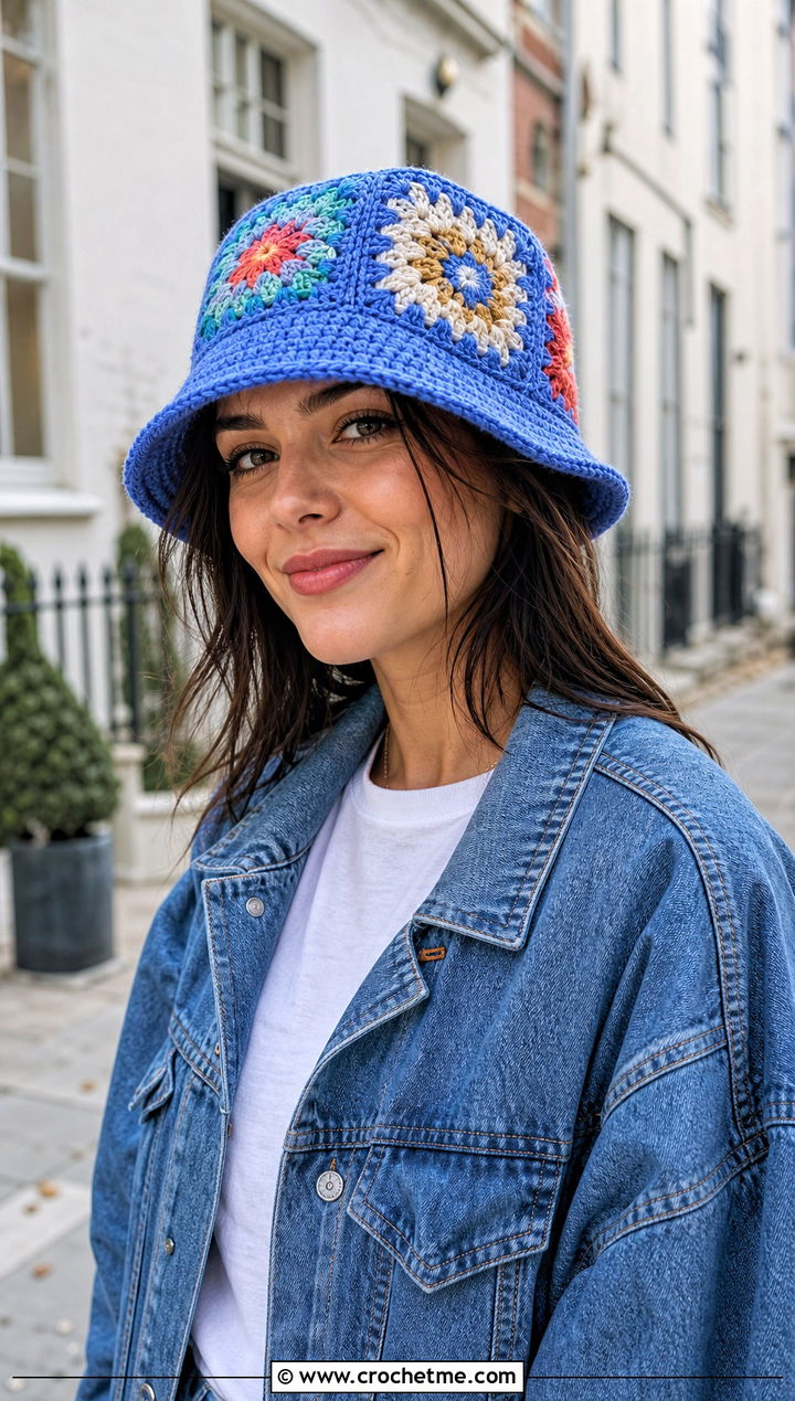 Granny Square Crochet Bucket Hat With Denim Jacket - 20 Cool Crochet Hat Ideas