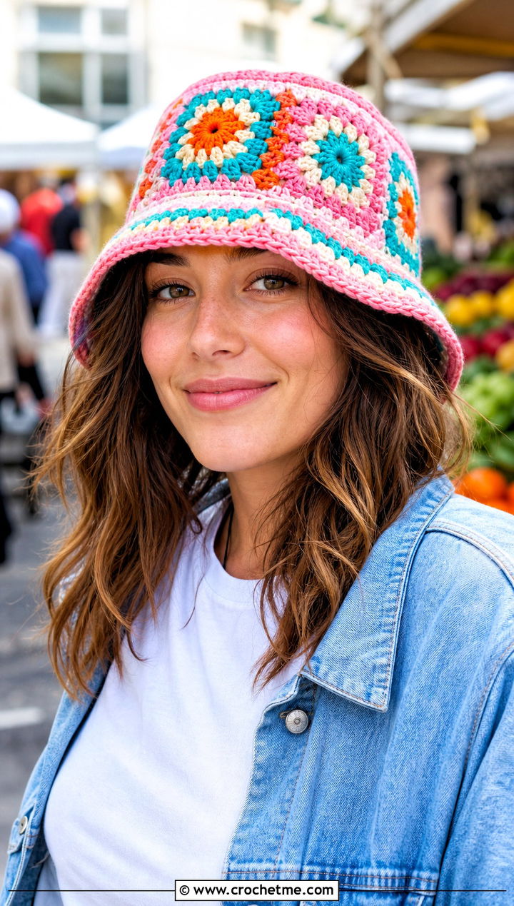 Granny Square Crochet Bucket Hat With Denim Jacket - 20 Fun Crochet Hat outfit ideas