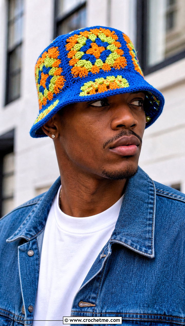 Granny Square Crochet Bucket Hat With Denim Jacket - 30 male crochet hat outfit ideas