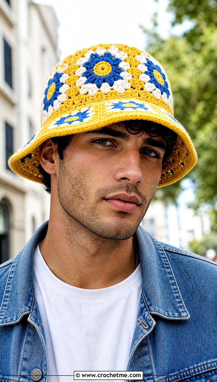 Granny Square Crochet Bucket Hat With Denim Jacket - 30 Mens Crochet Outfit ideas