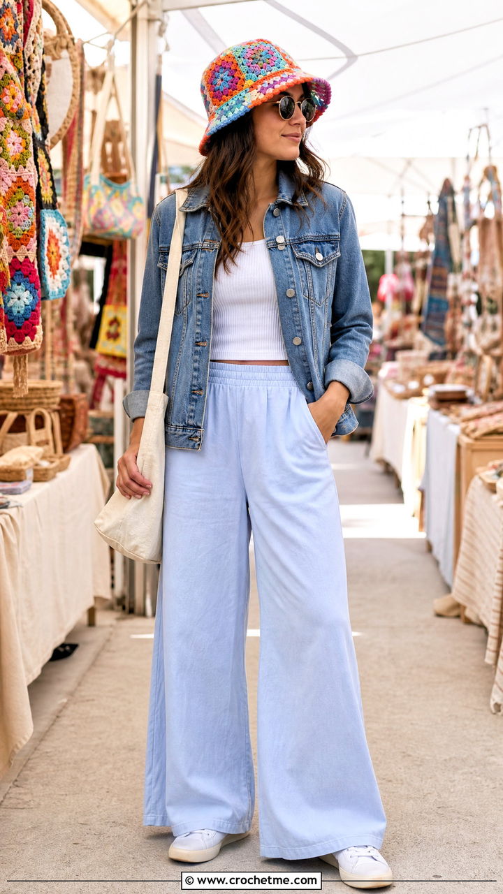 Granny Square Crochet Bucket Hat With Denim Jacket - 35 crochet adult hats outfit ideas