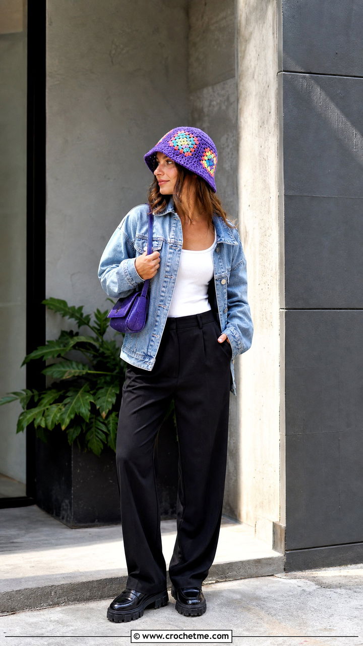 Granny Square Crochet Bucket Hat With Denim Jacket - 35 crochet brim hat outfit ideas