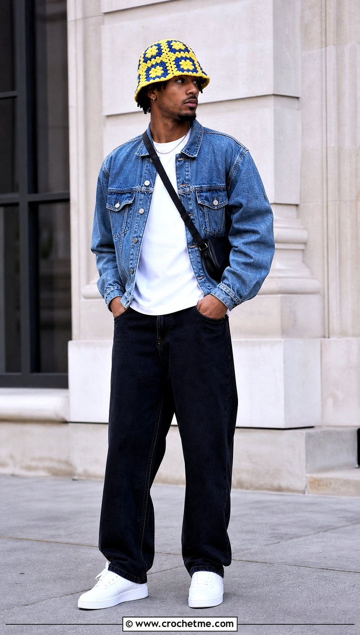 Granny Square Crochet Bucket Hat With Denim Jacket - 35 crochet hats men outfit ideas