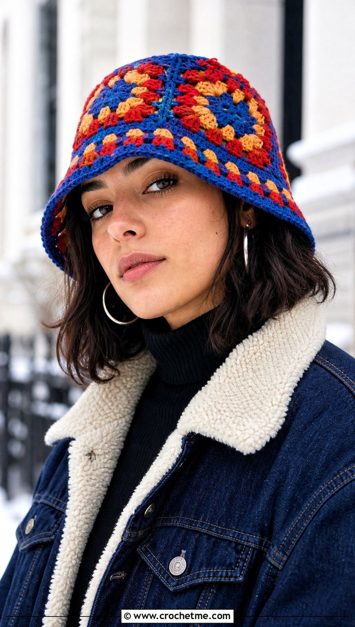 Granny Square Crochet Bucket Hat With Denim Jacket - 35 crochet winter bucket hat outfit ideas