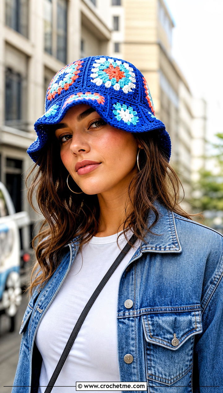Granny Square Crochet Bucket Hat With Denim Jacket And Jeans - 15 Textured Crochet Hat outfit ideas