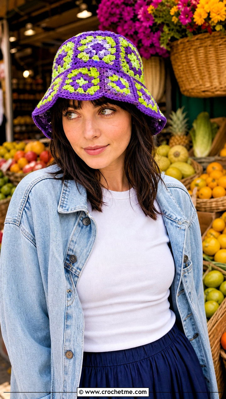 Granny Square Crochet Bucket Hat With Denim Jacket And Midi Skirt - 15 Crochet Beanie Bucket Hat outfit ideas