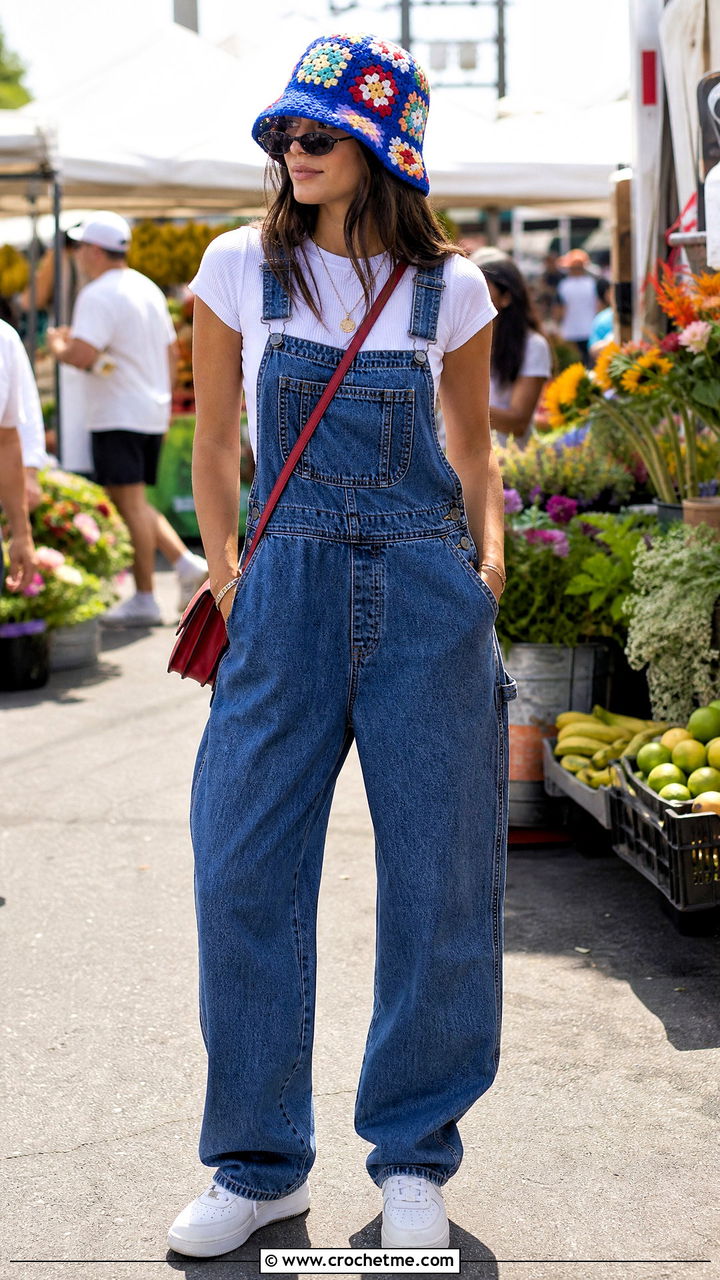 Granny Square Crochet Bucket Hat With Denim Overalls - 35 crochet summer hats outfit ideas