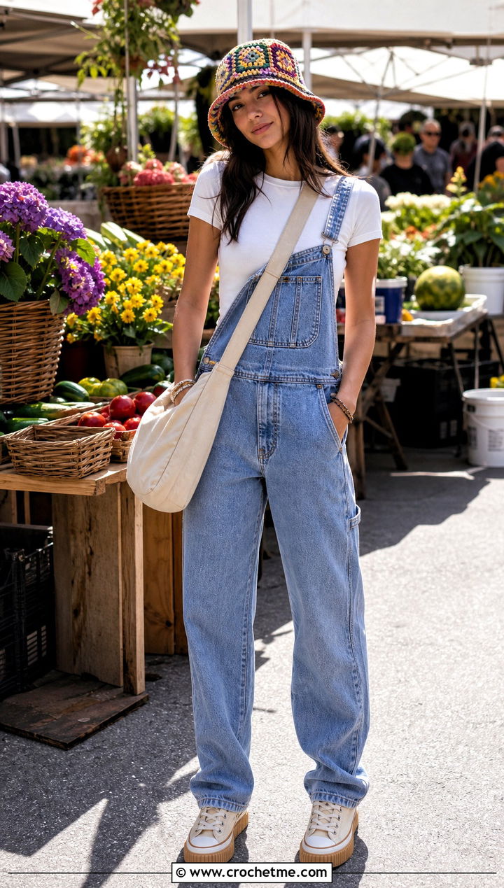 Granny Square Crochet Bucket Hat With Denim Overalls - 35 cute crochet hat ideas