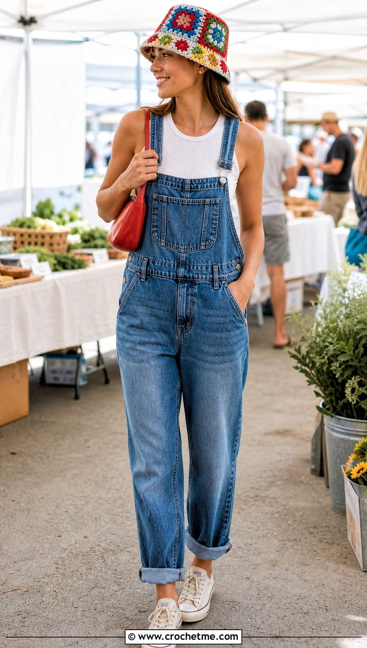 Granny Square Crochet Bucket Hat With Denim Overalls - 35 summer crochet hat outfit ideas