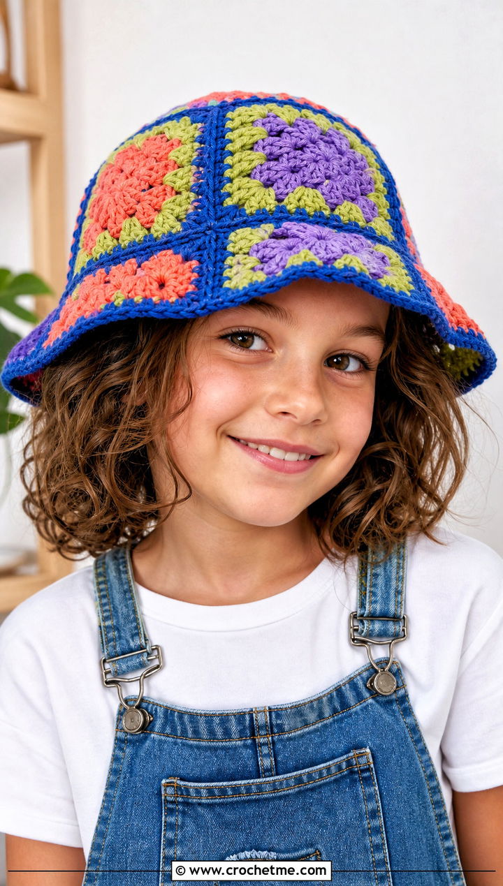 Granny Square Crochet Bucket Hat With Denim Overalls - 15 Childs Crochet Hat outfit ideas